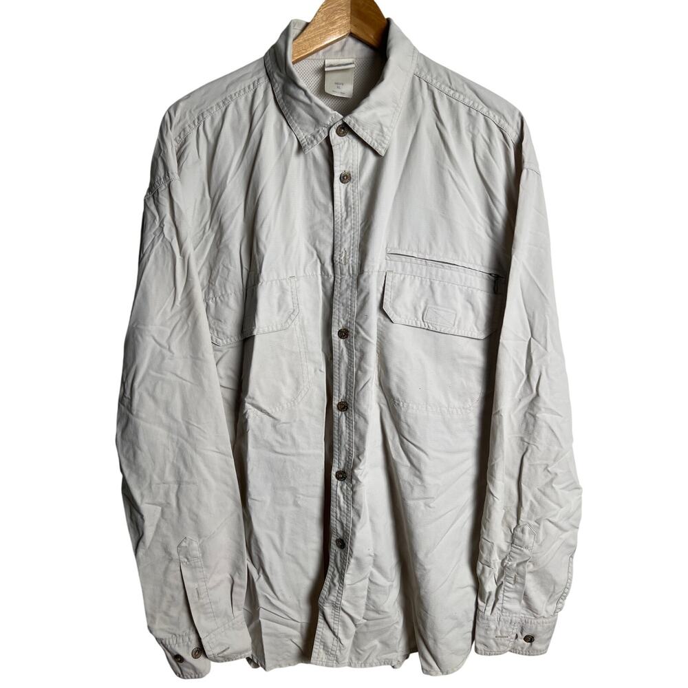 REI Shirt Men's XL Light Cream Button Up Vented Nylon Hiking